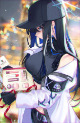 Rule 34 | 1girl, baseball cap, black gloves, black hair, black hat, blue archive, blue eyes, blue hair, blue halo, blurry, bokeh, colored inner hair, commentary request, depth of field, from side, gift, gloves, halo, halterneck, hat, highres, holding, holding gift, jacket, lipstick, long sleeves, looking at object, looking down, makeup, midriff, multicolored hair, off shoulder, puffy long sleeves, puffy sleeves, quatraise, saori (blue archive), sideways mouth, solo, two-tone hair, white jacket