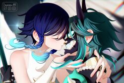 Rule 34 | 2boys, androgynous, bead necklace, beads, black gloves, black hair, blue hair, braid, bridal gauntlets, crop top, deymara, feathered wings, genshin impact, gloves, glowing, glowing hair, gradient hair, green hair, highres, imminent kiss, jewelry, male focus, mask, multicolored hair, multiple boys, necklace, official alternate costume, oni mask, primordial jade winged-spear (genshin impact), ring, short hair with long locks, twin braids, venti (archon) (genshin impact), venti (genshin impact), white wings, wings, xiao (genshin impact), yaoi