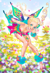 Rule 34 | 1girl, absurdres, bad id, bad pixiv id, barefoot, blonde hair, breasts, butterfly wings, cleavage, collarbone, dress, fairy, fingernails, green eyes, highres, insect wings, legs, long fingernails, long hair, medium breasts, multicolored wings, nail polish, original, rukiana, smile, solo, toenail polish, toenails, twintails, wings
