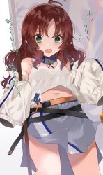 Rule 34 | 1girl, amesaki vanilla, antenna hair, arknights, commentary request, flag, green eyes, highres, holding, holding flag, jacket, long hair, midriff, myrtle (arknights), navel, open mouth, pointy ears, red hair, skirt, sleeves past fingers, sleeves past wrists, solo, tank top, translation request, white flag, white jacket, white skirt, white tank top