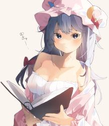 Rule 34 | 1girl, bare shoulders, blue eyes, blue hair, blush, book, bow, breasts, cleavage, collarbone, crescent, crescent hat ornament, hair bow, hat, hat ornament, higa (gominami), highres, holding, holding book, long hair, looking at viewer, medium breasts, mukyuu, off shoulder, patchouli knowledge, pink hat, pink robe, red bow, robe, solo, touhou
