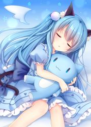 Rule 34 | 1girl, absurdres, amashiro natsuki, angel wings, animal ears, blue dress, blue hair, bow, cat ears, cat tail, detached wings, dress, gradient background, highres, long hair, open mouth, original, puffy short sleeves, puffy sleeves, short sleeves, sleeping, solo, stuffed animal, stuffed cat, stuffed toy, tail, tail bow, tail ornament, very long hair, wings