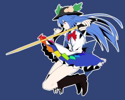 Rule 34 | 1girl, black footwear, black hat, blue background, blue hair, blue skirt, boots, bow, bowtie, cross-laced footwear, food, frilled skirt, frills, from side, fruit, full body, hat, hat leaf, hinanawi tenshi, holding, holding weapon, homco, knee boots, lace-up boots, long hair, outstretched arms, peach, rainbow order, red bow, red bowtie, red eyes, shirt, short sleeves, skirt, solo, spread arms, sword, sword of hisou, touhou, weapon, white shirt
