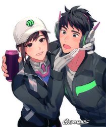 Rule 34 | 1boy, 1girl, alternate costume, baseball cap, black eyes, black hair, blouse, bodysuit, bodysuit under clothes, brown eyes, brown hair, can, d.va (overwatch), dae-hyun (overwatch), embarrassed, gearous, gloves, hair bun, hand on another&#039;s chin, hat, headphones, jacket, looking at another, looking at viewer, open mouth, overwatch, overwatch 1, parted lips, pocket, shirt, shooting star d.va, signature, simple background, single hair bun, smile, standing, surprised, white background, white hat, white shirt, wide-eyed