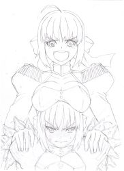 Rule 34 | 10s, 2girls, absurdres, ahoge, anger vein, angry, armor, artoria pendragon (all), artoria pendragon (fate), breast envy, breast rest, breasts, breasts on head, cleavage, dress, epaulettes, fate/extra, fate/stay night, fate (series), graphite (medium), hair ribbon, hands on shoulders, highres, juliet sleeves, long sleeves, multiple girls, nekolog, nero claudius (fate), nero claudius (fate), nero claudius (fate/extra), open mouth, puffy sleeves, ribbon, saber (fate), smile, traditional media