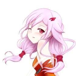 Rule 34 | 10s, 1girl, backless outfit, bare back, bare shoulders, blush, detached sleeves, guilty crown, iray, long hair, looking back, one eye closed, pink hair, red eyes, solo, twintails, wink, yuzuriha inori
