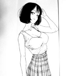 Rule 34 | 1girl, arm up, bad id, bad pixiv id, black hair, breasts, collarbone, dende (dndn222), greyscale, highres, large breasts, light smile, looking at viewer, monochrome, original, plaid, plaid skirt, scan, scan artifacts, short hair, skirt, solo, standing, tank top, traditional media