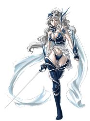 Rule 34 | 1girl, armor, blue footwear, boots, breasts, bustier, cleavage, cleavage cutout, clothing cutout, fantasy, gloves, large breasts, long hair, original, silver hair, solo, sword, thighhighs, weapon