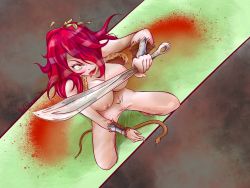 Rule 34 | absurdres, barefoot, breasts, cat eyes, female focus, flatpankakesjim, food wars, fur, highres, kobayashi rindou, large breasts, long hair, looking at viewer, looking up, nipples, nude, outdoors, pubic hair, pussy, red hair, red pubic hair, reptile, shokugeki no souma, snake, squatting, tongue, tongue out, weapon