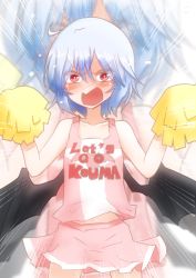 Rule 34 | 1girl, bat wings, blue hair, blush, cheerleader, contemporary, female focus, no headwear, no headwear, open mouth, pom pom (cheerleading), red eyes, remilia scarlet, short hair, skirt, solo, takorice, tank top, touhou, wings, zoom layer