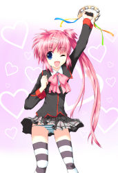 Rule 34 | 1girl, asterisk (asterism), blue eyes, bow, instrument, little busters!, long hair, one eye closed, panties, pink bow, ponytail, purple hair, saigusa haruka, school uniform, side ponytail, solo, striped clothes, striped panties, striped thighhighs, tambourine, thighhighs, underwear, wink