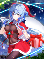 Rule 34 | 1girl, ahoge, alternate costume, bag, belt, black bodysuit, black gloves, black pantyhose, blue hair, blue sky, bodystocking, bodysuit, bodysuit under clothes, bow, box, breasts, buckle, capelet, christmas, christmas lights, christmas present, commentary request, covered navel, cowboy shot, diffraction spikes, floating hair, fur-trimmed capelet, fur-trimmed skirt, fur trim, ganyu (genshin impact), gao kawa, genshin impact, gift, gloves, gradient eyes, hair between eyes, hand up, hat, highres, holding, holding bag, holding box, holding gift, leaf, long hair, looking at viewer, medium breasts, miniskirt, multicolored eyes, night, night sky, outdoors, pantyhose, pom pom (clothes), purple eyes, red bow, red capelet, red ribbon, red skirt, revision, ribbon, santa costume, santa hat, sidelocks, signature, skirt, sky, sleeveless, smile, snowflakes, solo, star (sky), starry sky, thighs, very long hair, vision (genshin impact), white bag, white belt, wrist cuffs