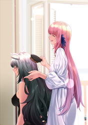 Rule 34 | 2girls, :d, absurdres, animal ears, arknights, bare shoulders, blue feathers, blush, breasts, brushing another&#039;s hair, brushing hair, cat ears, ceylon (arknights), closed eyes, commentary, dress, feather hair, feathers, from side, hair brush, highres, holding, indoors, large breasts, long hair, long sleeves, multiple girls, no headwear, open mouth, pink hair, schwarz (arknights), shijie jianfa, silver hair, smile, upper body, very long hair, white dress, yellow eyes