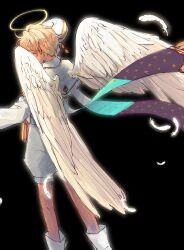 1boy angel_wings black_background blonde_hair blush boots capelet commentary covered_face facing_away feathered_wings floating_clothes fringe_trim from_behind gold_trim halo highres luke_(obey_me!) obey_me!:_one_master_to_rule_them_all! puppyyoshida shedding shedding_feathers shirt short_hair shorts stole symbol-only_commentary unworn_headwear white_footwear white_shirt white_shorts wings