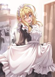 Rule 34 | 1girl, :d, ahoge, apron, black bow, black bowtie, black dress, blonde hair, blue eyes, blurry, blurry background, blush, bow, bowtie, clothes lift, collared dress, doorway, dress, dress lift, frilled dress, frills, highres, indoors, long hair, long sleeves, looking at viewer, maid, maid apron, maid headdress, morigami (morigami no yashiro), one eye closed, open mouth, original, smile, solo, standing, white apron