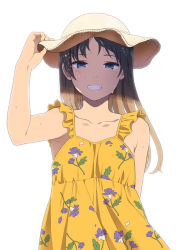 Rule 34 | 1girl, blue eyes, blush, collarbone, commentary request, dress, floral print, grin, hand on headwear, hat, light brown hair, long hair, mattaku mousuke, original, print dress, simple background, smile, solo, sun hat, sundress, white background, yellow dress