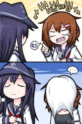 Rule 34 | &gt; &lt;, +++, ..., 10s, 2girls, 2koma, :d, > <, adjusting clothes, adjusting necktie, akatsuki (kancolle), anchor symbol, artist name, blouse, brown hair, comic, crying, crying with eyes open, empty eyes, eyebrows, fang, flat cap, hair between eyes, hair ornament, hairclip, hat, highres, ikazuchi (kancolle), kantai collection, laughing, long hair, long sleeves, multiple girls, necktie, open mouth, pout, purple hair, raythalosm, red necktie, school uniform, serafuku, shirt, short hair, smile, spoken ellipsis, tank top, tears, twitter username, white shirt, xd