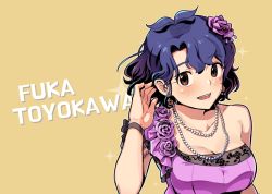 Rule 34 | 1girl, blue hair, blush, breasts, brown eyes, character name, cleavage, collarbone, dress, earrings, flower, hair flower, hair ornament, idolmaster, idolmaster million live!, idolmaster million live! theater days, jewelry, kamille (vcx68), large breasts, looking at viewer, necklace, open mouth, purple dress, short hair, smile, solo, teeth, toyokawa fuka, upper body, wavy hair