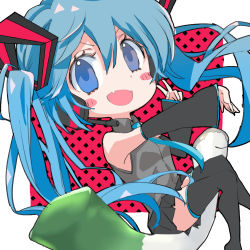 Rule 34 | 1girl, 3774., aqua necktie, bare shoulders, black skirt, black sleeves, blue eyes, blue hair, chibi, commentary, detached sleeves, dotted background, fangs, framed image, grey shirt, hair ornament, hatsune miku, headphones, headset, long hair, looking at viewer, miniskirt, necktie, outside border, pleated skirt, red background, shirt, sitting on food, skin fangs, skirt, sleeveless, sleeveless shirt, smile, solo, spring onion, thighhighs, twintails, v, v-shaped eyebrows, very long hair, vocaloid, zettai ryouiki