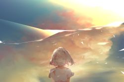 Rule 34 | 1girl, blonde hair, blouse, blue eyes, cloud, cloudy sky, looking at viewer, original, outdoors, saihate (d3), shirt, short sleeves, sky, solo, twilight, upper body, white shirt, wind