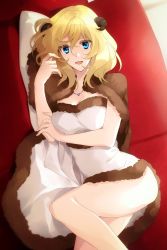 Rule 34 | 1girl, amazuki jou, black cape, blonde hair, blue eyes, cape, capelet, commentary, couch, dress, fur-trimmed dress, fur trim, girls und panzer, highres, horns, jewelry, looking at viewer, lying, medium hair, messy hair, necklace, on couch, on side, open mouth, oshida (girls und panzer), short dress, smile, solo, two-sided cape, two-sided fabric, white capelet, white dress