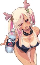 Rule 34 | 1girl, :d, blonde hair, blush, bottle, breasts, cleavage, dark-skinned female, dark skin, dragon girl, fang, goggles, goggles around neck, hair ornament, highres, horns, large breasts, leaning forward, long hair, looking at viewer, multicolored hair, one-piece swimsuit, open mouth, pink hair, r project, red eyes, satou daiji, simple background, smile, solo, standing, sweat, swimsuit, tan, tanline, tsuzura amo, twintails, two-tone hair, virtual youtuber, white background