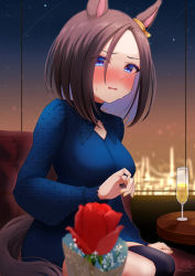 Rule 34 | 1girl, air groove (umamusume), alcohol, animal ears, blue dress, blue eyes, blurry, blurry foreground, blush, breasts, brown hair, champagne, champagne flute, cup, depth of field, dress, drinking glass, eyes visible through hair, flower, forehead, hair between eyes, highres, horse ears, horse girl, horse tail, indoors, long sleeves, masshirokachi, medium breasts, nail polish, night, nose blush, parted bangs, parted lips, puffy long sleeves, puffy sleeves, red flower, red rose, rose, sitting, solo, sweat, tail, umamusume, wavy mouth, yellow nails