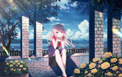 Rule 34 | 1girl, blue ribbon, blue skirt, blue sky, blush, bush, cityscape, cloud, commentary request, day, eyelashes, feet out of frame, floating hair, flower, grin, hair between eyes, hands up, head rest, high-waist skirt, highres, horizon, koh rd, lake, light rays, long hair, long skirt, looking at viewer, mountain, mountainous horizon, original, outdoors, purple eyes, red shirt, ribbon, rose, shirt, shirt tucked in, short sleeves, sidelocks, sitting, skirt, sky, smile, solo, stone wall, sunlight, teeth, tree, wall, water, white hair, yellow flower, yellow rose