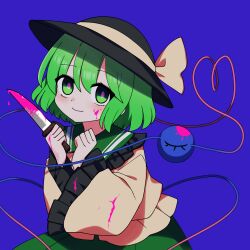 1girl absurdres black_hat blood blood_on_clothes blood_on_face bloody_knife blue_background blush closed_mouth collared_shirt commentary frilled_shirt_collar frilled_sleeves frills green_hair green_skirt hands_up hat hat_ribbon heart heart-shaped_pupils heart_of_string highres holding holding_knife knife komeiji_koishi long_sleeves looking_at_viewer pink_blood ribbon shirt short_hair simple_background skirt smile solo symbol-shaped_pupils third_eye touhou upper_body wide_sleeves yandere yellow_ribbon yellow_shirt you_(noanoamoemoe)