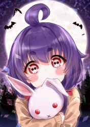 Rule 34 | :x, absurdres, ahoge, artist name, bat (animal), blush stickers, castle, dark gathering, dated, fluno, forest, full moon, hair between eyes, highres, houzuki yayoi, lens flare, low twintails, moon, nature, polycoria, purple hair, red eyes, red ribbon, ribbon, short eyebrows, skull-shaped pupils, star (symbol), starry background, stuffed animal, stuffed rabbit, stuffed toy, sweater, symbol-shaped pupils, twintails, yellow sweater