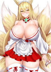 Rule 34 | 1girl, animal ears, apron, areola slip, bare shoulders, blonde hair, blush, breasts, collarbone, cowboy shot, detached collar, detached sleeves, fox ears, fox girl, fox tail, frilled apron, frills, hair between eyes, highres, hirume of heavenly incense, huge breasts, last origin, long hair, looking at viewer, maid headdress, multiple tails, sayashi (type5 labyrith), skindentation, slit pupils, solo, tail, thick thighs, thighhighs, thighs, very long hair