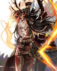 Rule 34 | 1girl, armor, blood, blood on face, breastplate, brown hair, chinese armor, commentary, dragon horns, dragon print, fire, fur trim, gold trim, hair bun, horns, library of ruina, lobpoint 72, long hair, open mouth, project moon, red armor, red eyes, scales, solo, tears, upper body, very long hair, xiao (project moon)