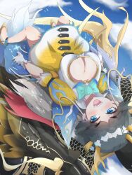 Rule 34 | 1girl, absurdres, ankle strap, arms at sides, bachihebi, blue hair, blue sky, bow, breasts, cleavage, cleavage cutout, clothing cutout, creature and personification, day, dress, eyelashes, fang, floating, forked eyebrows, gloves, grey hair, highres, horns, kemono friends, kemono friends 3, kirin (kemono friends), large breasts, long hair, looking at viewer, medium dress, multicolored hair, open mouth, outdoors, puffy sleeves, qilin (mythology), red hair, shoes, sky, smile, solo focus, tail, upside-down, very long hair, white gloves, white hair, wings