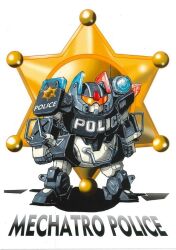 Rule 34 | assault visor, character name, clenched hands, full body, mecha, mechatro police, mechatro wego, no humans, official art, ookawara kunio, police, robot, science fiction, solo, standing, white background
