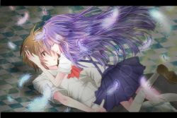 Rule 34 | 1boy, 1girl, age difference, alternate eye color, brown hair, checkered floor, closed eyes, colorized, feathers, floor, forehead-to-forehead, furude rika, girl on top, hand on another&#039;s face, hands on own face, heads together, higurashi no naku koro ni, letterboxed, long hair, lying, maebara keiichi, nashi iri, on back, purple hair, red eyes, rinyuu, school uniform, skirt, tears, teenage boy and younger girl, yuno (aiti-senndou)