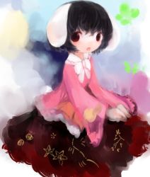 Rule 34 | 1girl, animal ears, bad id, bad pixiv id, black hair, cosplay, dress, faux traditional media, houraisan kaguya, houraisan kaguya (cosplay), inaba tewi, japanese clothes, long sleeves, looking at viewer, maccha cocoa, maccha cocoa (mococo), multicolored background, open mouth, rabbit ears, red eyes, short hair, solo, touhou, wide sleeves