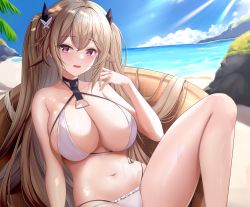 Rule 34 | 1girl, absurdres, anchorage (azur lane), azur lane, bare arms, bare legs, bare shoulders, beach, bikini, black choker, breasts, brown hair, choker, cleavage, day, feet out of frame, frilled bikini, frills, hair ornament, halterneck, hand up, highres, knee up, large breasts, long hair, looking at viewer, multi-strapped bikini, navel, open mouth, outdoors, pink eyes, revision, shenqi (toid310), sitting, skindentation, smile, solo, stomach, string bikini, swimsuit, thighs, two side up, very long hair, wet, white bikini