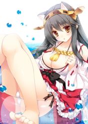 Rule 34 | 1girl, animal ears, bare shoulders, barefoot, breasts, brown eyes, cleavage, collarbone, detached sleeves, grey hair, hair ornament, hairclip, haruna (kancolle), headgear, japanese clothes, kantai collection, kemonomimi mode, large breasts, long hair, looking at viewer, nontraditional miko, pleated skirt, red skirt, shigunyan, skirt, solo, twitter username