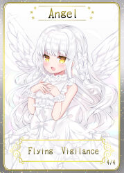 Rule 34 | 1girl, bare shoulders, blush, bow, braid, copyright request, dress, english text, feathered wings, frilled dress, frills, hair bow, hands up, highres, long hair, looking at viewer, open mouth, shikito (yawa0w0), sleeveless, sleeveless dress, solo, star (symbol), very long hair, white bow, white dress, white hair, white wings, wings, wrist cuffs, yellow eyes
