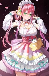 Rule 34 | 1girl, 35p (sakura miko), absurdres, bag, blush, breasts, cleavage cutout, closed mouth, clothing cutout, collar, detached sleeves, dress, expressionless, frilled collar, frilled dress, frills, gradient background, green eyes, hair between eyes, hair ornament, hand in own hair, hands up, headset, highres, hololive, large breasts, long hair, looking to the side, maid headdress, official alternate costume, pink hair, pom pom (clothes), puffy sleeves, sakura miko, sakura miko (new year), sinrin uo, solo, virtual youtuber, x hair ornament