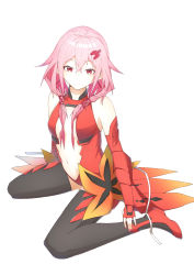 Rule 34 | 1girl, absurdres, bare shoulders, black thighhighs, breasts, center opening, cleavage, closed mouth, detached sleeves, elbow gloves, fingerless gloves, full body, gloves, guilty crown, hair between eyes, hair ornament, hairclip, highres, homaru sangou, light smile, long hair, looking at viewer, medium breasts, nail polish, navel, pink hair, red eyes, simple background, sitting, smile, solo, thighhighs, twintails, wariza, white background, yuzuriha inori