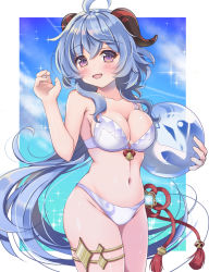 Rule 34 | 1girl, ahoge, alternate costume, ball, beachball, bell, blue hair, blue sky, blush, breasts, chinese knot, cleavage, cloud, collarbone, flower knot, ganyu (genshin impact), genshin impact, highres, holding, holding ball, horns, koharutoki02, long hair, looking at viewer, low ponytail, medium breasts, navel, open mouth, purple eyes, qilin (mythology), red rope, rope, sideboob, sidelocks, skindentation, sky, smile, solo, sparkle, standing, swimsuit, tassel, thighlet, vision (genshin impact)