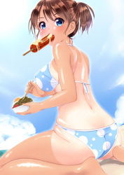 Rule 34 | 1girl, amasora taichi, ass, back, bikini, blue bikini, blue eyes, blue sky, blush, bowl, breasts, brown hair, chopsticks, cloud, commentary request, day, covered erect nipples, female focus, food, highres, large breasts, looking at viewer, looking back, mouth hold, one-piece tan, original, polka dot, polka dot bikini, polka dot swimsuit, sausage, sexually suggestive, short hair, sitting, skindentation, sky, solo, swimsuit, tan, tanline, twintails, wariza