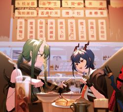 Rule 34 | 2girls, arknights, blue hair, bowl, cafe, ch&#039;en (arknights), chinese text, chopsticks, commentary request, cup, dragon horns, drinking glass, eating, fingerless gloves, food, gloves, green hair, highres, horns, hoshiguma (arknights), multiple girls, noodles, plate, pointing, pointy ears, sandwich, scabbard, sheath, skin-covered horns, sword, table, tea, ting (machi nakahara), traditional chinese text, translation request, weapon