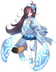 Rule 34 | 1girl, absurdly long hair, ainu clothes, amazuyu tatsuki, animal ears, aquaplus, arm up, blush, boots, breasts, cleavage, cleavage cutout, clothing cutout, coat, full body, gradient eyes, gradient hair, hair between eyes, hair ornament, hair over one eye, high ponytail, highres, kuroma (utawarerumono: lost flag), long hair, long sleeves, looking at viewer, medium breasts, multicolored eyes, multicolored hair, official art, open mouth, ponytail, purple eyes, purple hair, raised eyebrows, side ponytail, sidelocks, solo, standing, swept bangs, tail, transparent background, utawarerumono, utawarerumono: lost flag, very long hair, white legwear, wide sleeves, winter clothes, winter coat