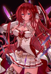 Rule 34 | 1girl, armpits, arms behind head, arms up, bare shoulders, belt, black background, blue eyes, blush, breasts, cleavage, closed mouth, elbow gloves, gauntlets, gloves, godsworn alexiel, granblue fantasy, hair between eyes, hair ornament, highres, large breasts, long hair, looking at viewer, red hair, rice tea, shards, skirt, solo, sword, thighhighs, thighs, very long hair, weapon