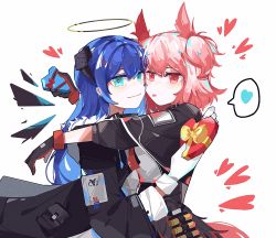 Rule 34 | 2girls, arknights, black coat, black gloves, blue hair, box, capelet, closed mouth, coat, detached sleeves, fiammetta (arknights), gift, gloves, green eyes, halo, haobuguniao, heart, heart-shaped box, heart-shaped eyewear, highres, holding, holding gift, horns, hug, long hair, long sleeves, looking at viewer, mostima (arknights), multiple girls, red eyes, short hair, simple background, smile, spoken heart, tongue, tongue out, upper body, valentine, white background, white gloves, yuri