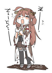 Rule 34 | 1girl, ahoge, boots, brown hair, brown skirt, closed eyes, commentary request, crying, cup, detached sleeves, dirty, dirty clothes, double bun, hair bun, hairband, hakama, hakama short skirt, hakama skirt, headgear, holding, japanese clothes, kantai collection, kongou (kancolle), kongou kai ni (kancolle), long hair, lr hijikata, open mouth, popped collar, ribbon-trimmed sleeves, ribbon trim, simple background, skirt, solo, teacup, tears, thigh boots, thighhighs, wet, wet clothes, white background