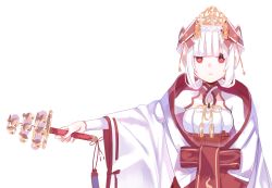 Rule 34 | 1girl, bell, blunt bangs, highres, japanese clothes, jingle bell, kagura suzu, miko, original, red eyes, red ribbon, ribbon, ribbon-trimmed sleeves, ribbon trim, sidelocks, simple background, solo, standing, stoolpower, upper body, white background, white hair, wide sleeves