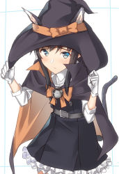 Rule 34 | 1girl, animal ears, asashio (kancolle), bad id, bad pixiv id, black hair, blue eyes, blush, cat ears, cat tail, closed mouth, commentary request, dress, fake animal ears, gloves, halloween, halloween costume, hat, kantai collection, long hair, long sleeves, looking at viewer, official alternate costume, pallad, pinafore dress, school uniform, shirt, simple background, skirt, sleeveless, sleeveless dress, solo, tail, white background, white shirt, witch, witch hat